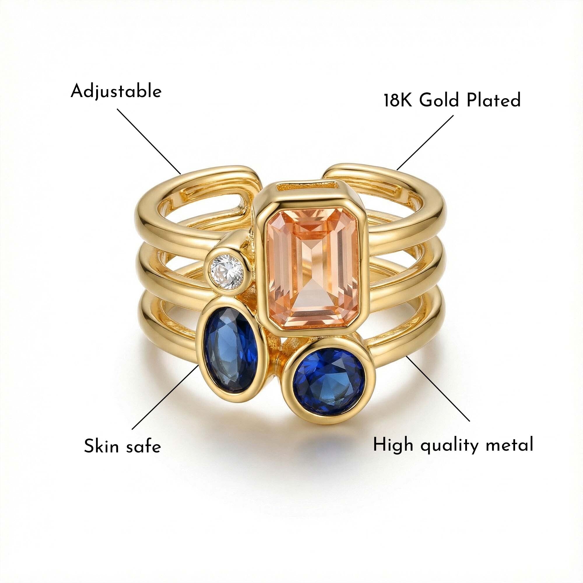 Gold ring with gemstones and text highlighting features on a white background