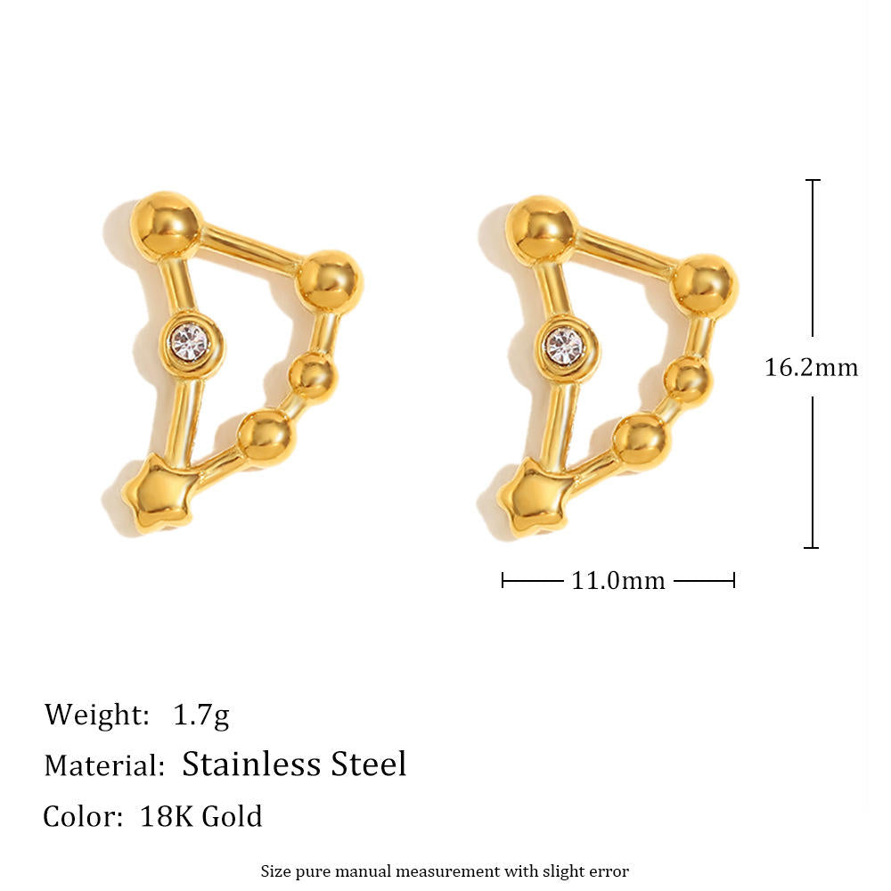 Gold geometric earrings with measurements and material details on a white background