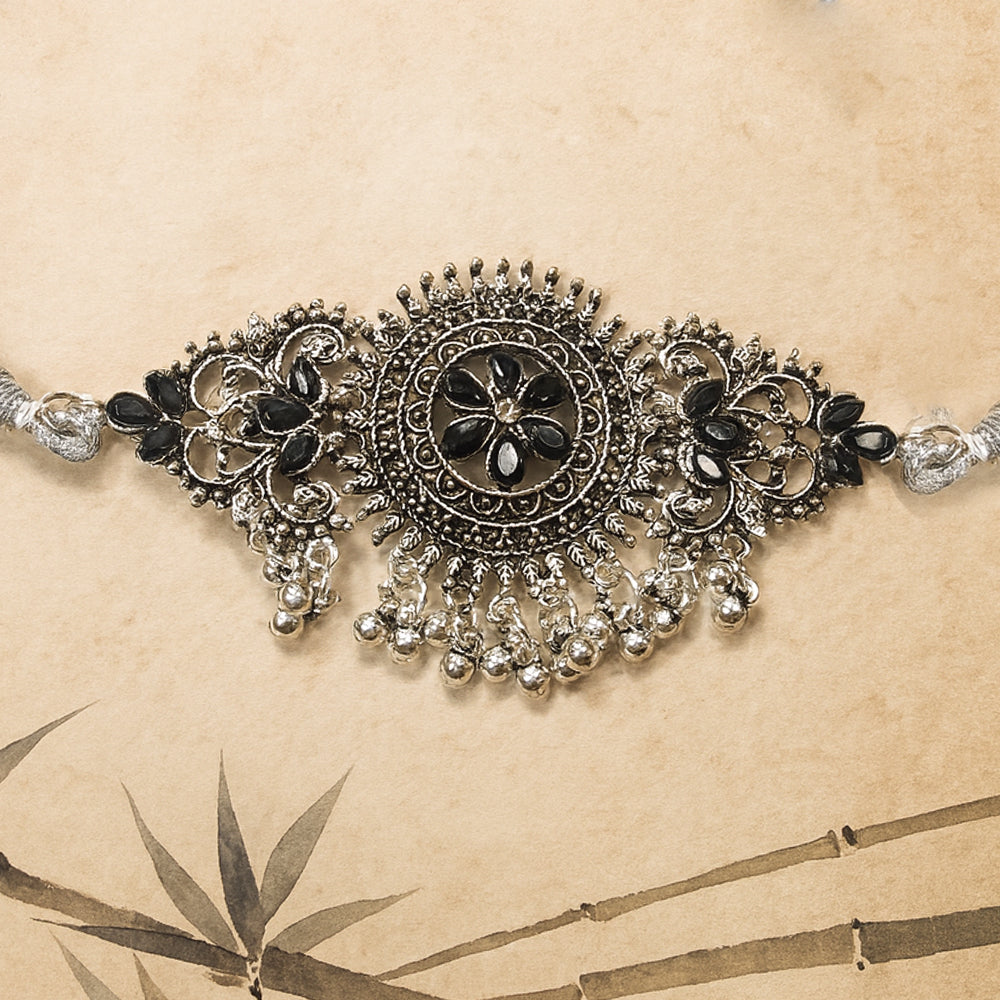 Elvina Oxidized Silver Floral Choker Necklace - Amalfa