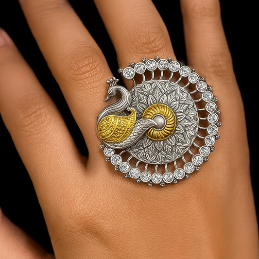 designer oxidised peacock ring with pink stones for party wear women