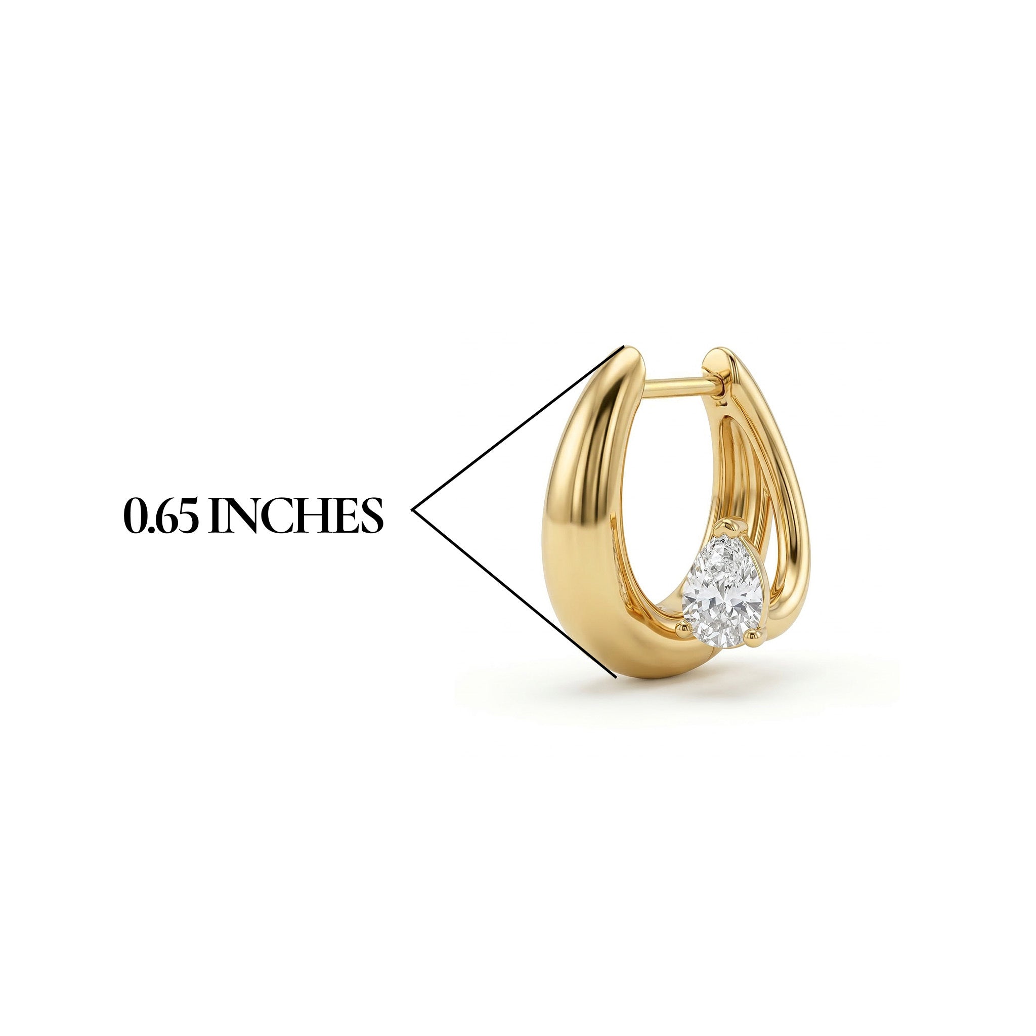Gold hoop earring with a diamond and measurement label on a white background