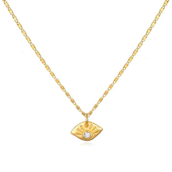 Gold necklace with a eye-shaped pendant on a white background