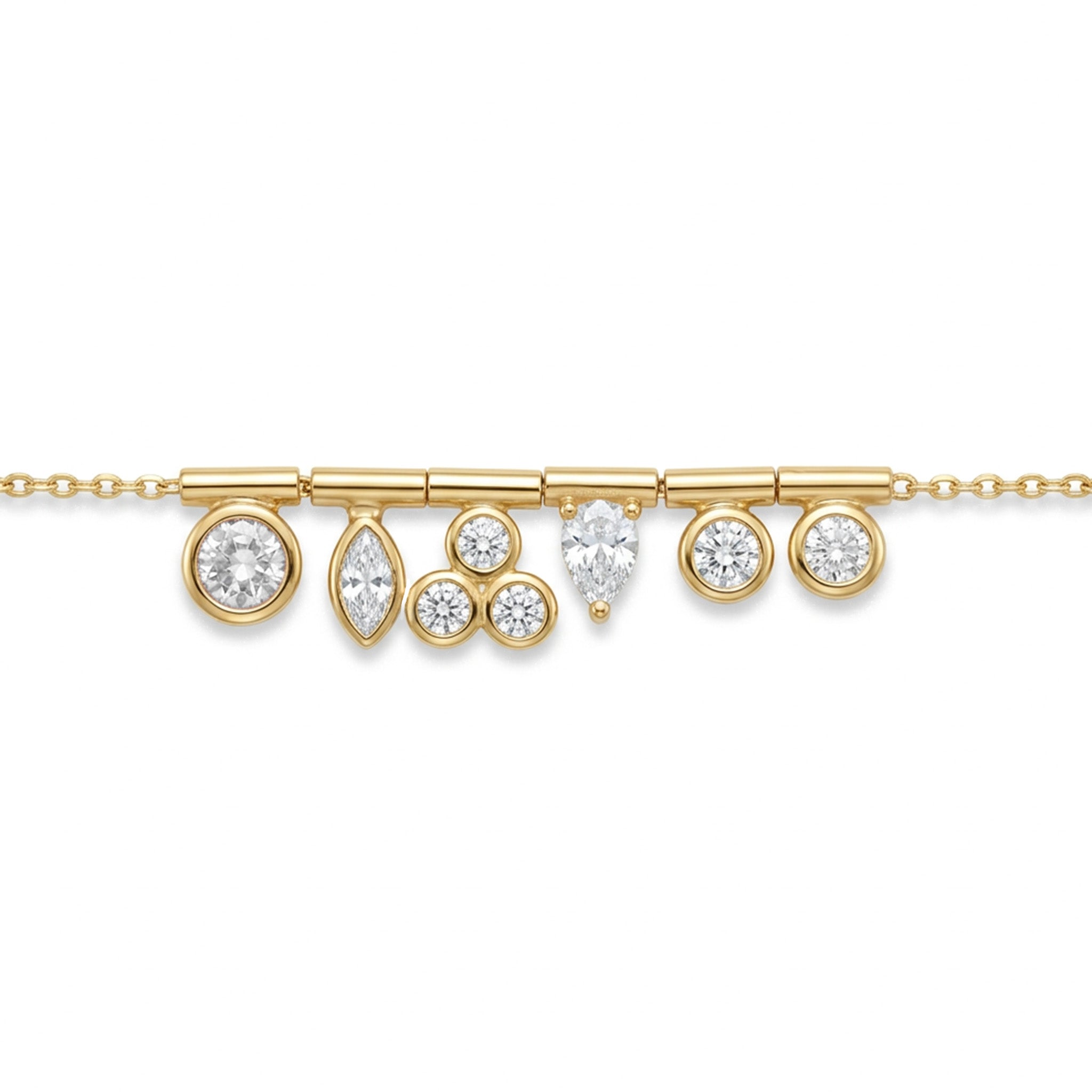 Gold bracelet with various shaped diamonds on a white background