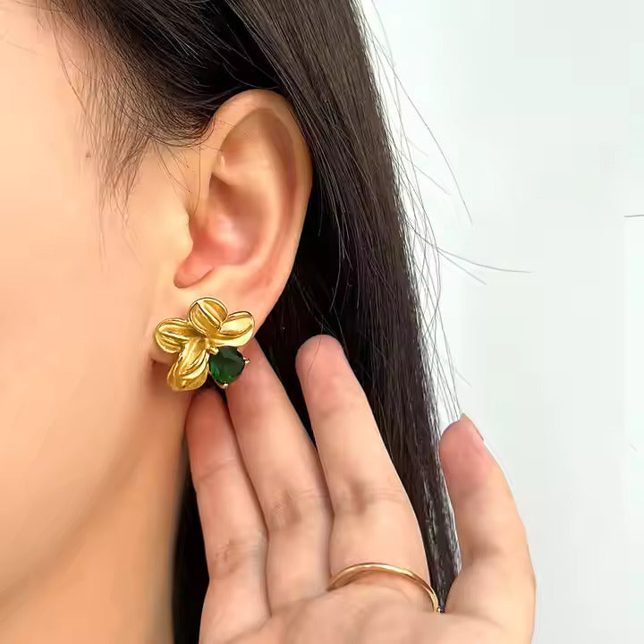 Gold Clover Bloom Green Stud Earrings - Amalfa