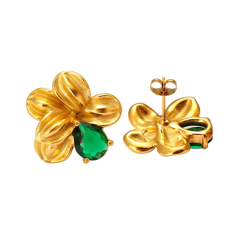 Gold Clover Bloom Green Stud Earrings - Amalfa