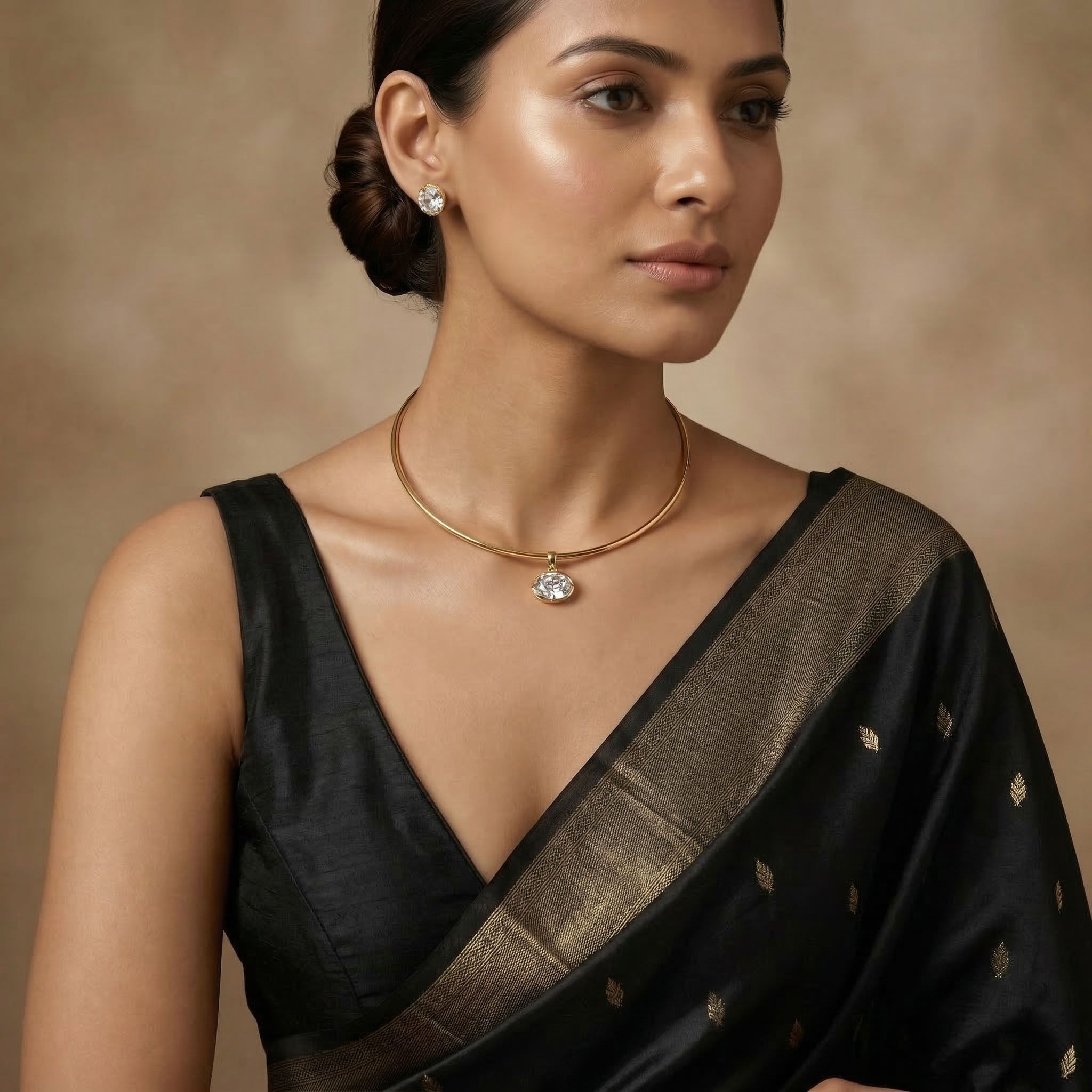Gold choker necklace for women with crystal pendant, elegant designer party wear necklace