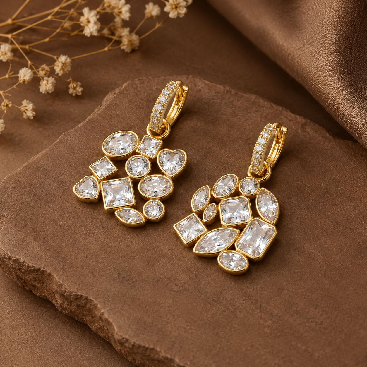 Gold drop earrings for women with sparkling mixed-cut crystal design