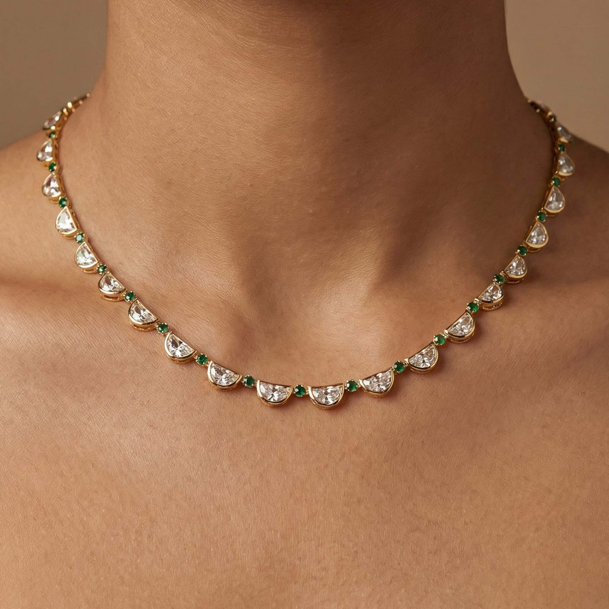 Minimal gold crystal necklace with green detailing, elegant everyday necklace for women