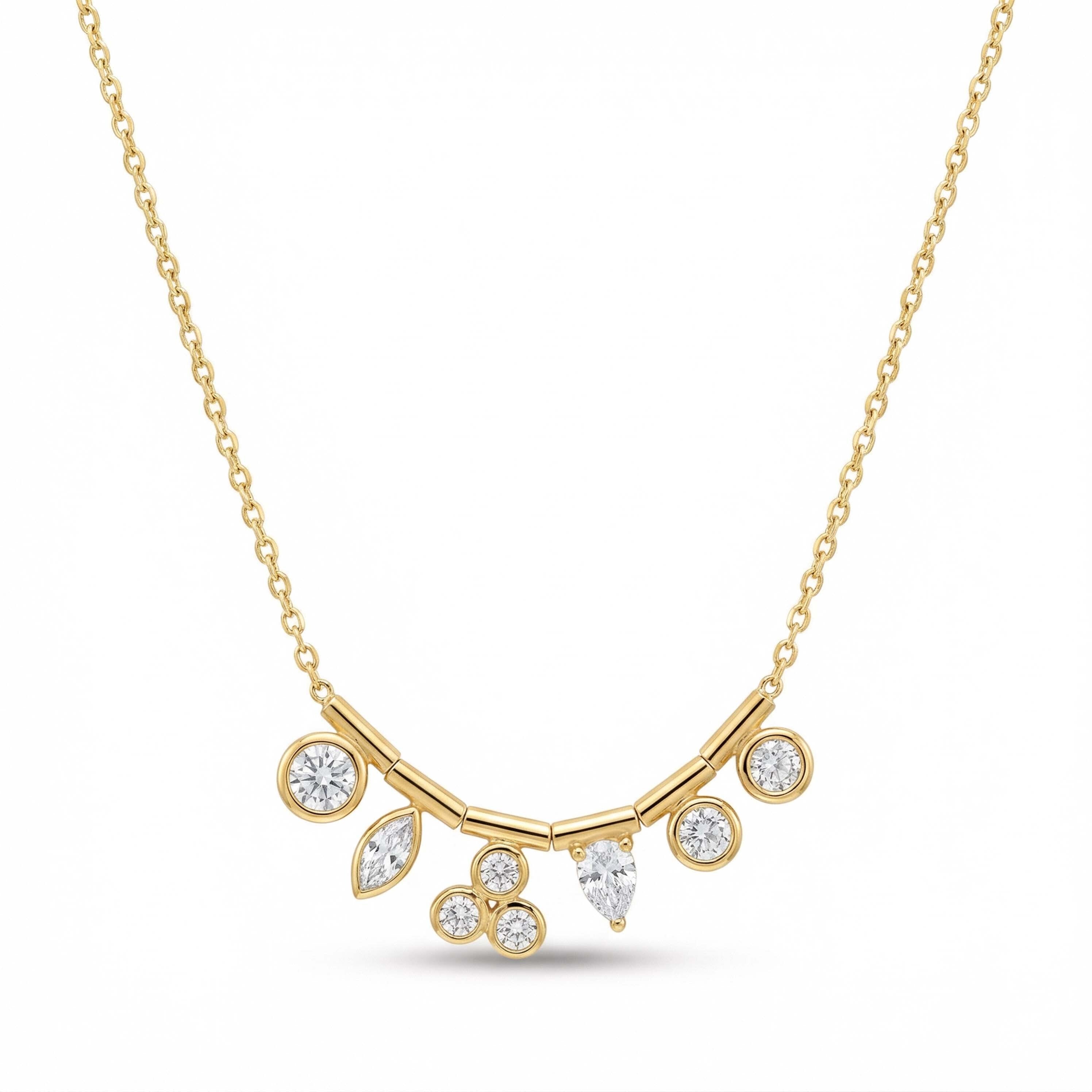Gold necklace with diamond pendants on a white background