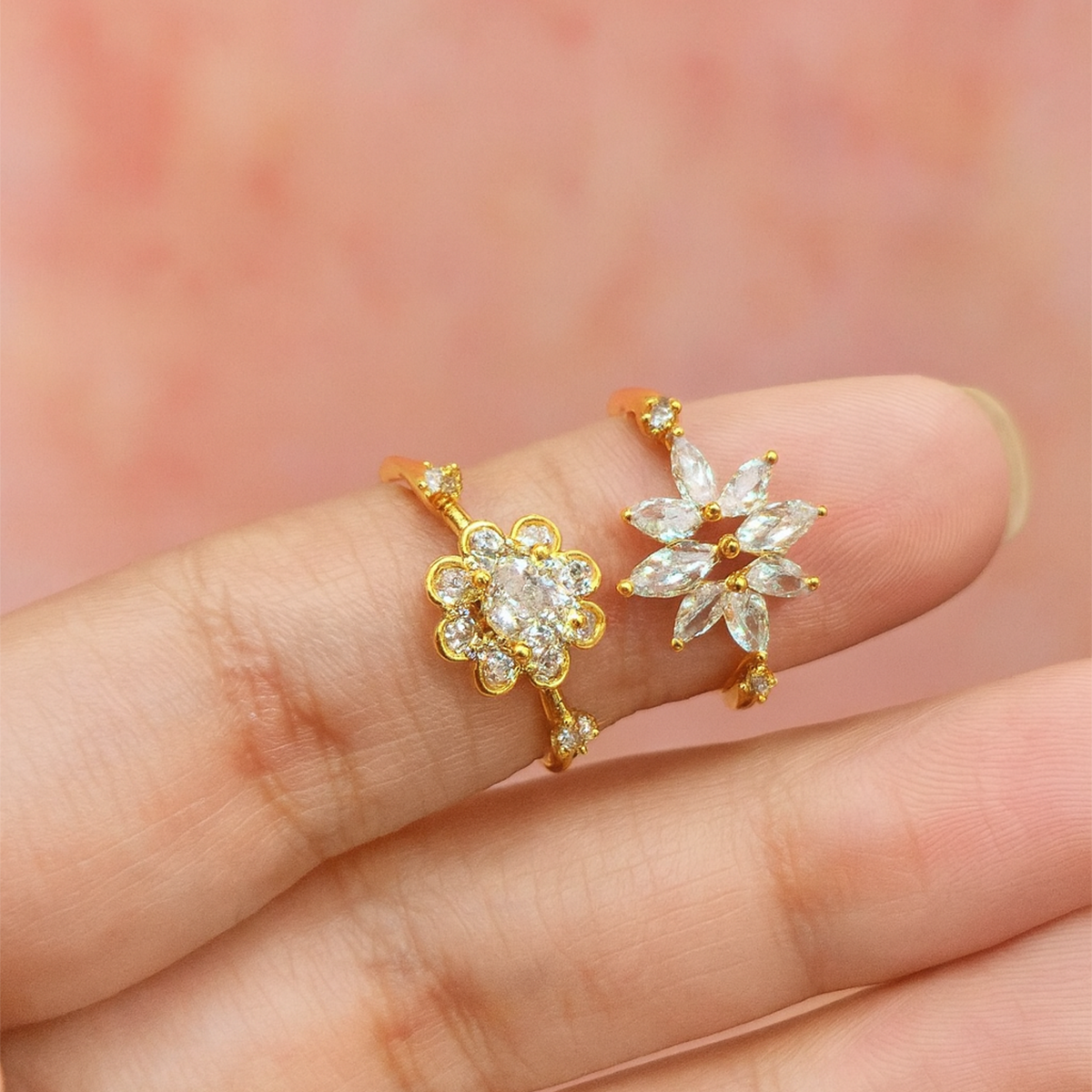 Gold party wear ring set for women with crystal floral design