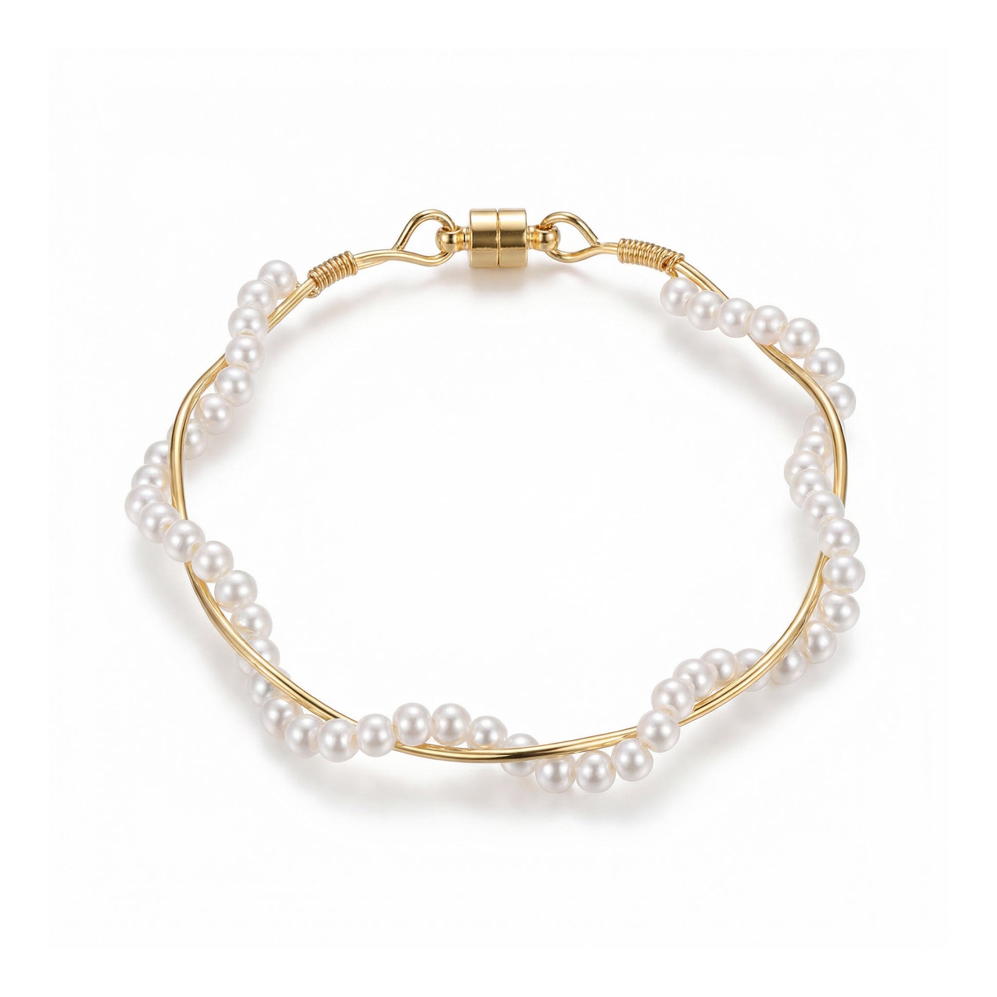 Gold-tone pearl bracelet with delicate faux pearls wrapped around a slim open bangle design