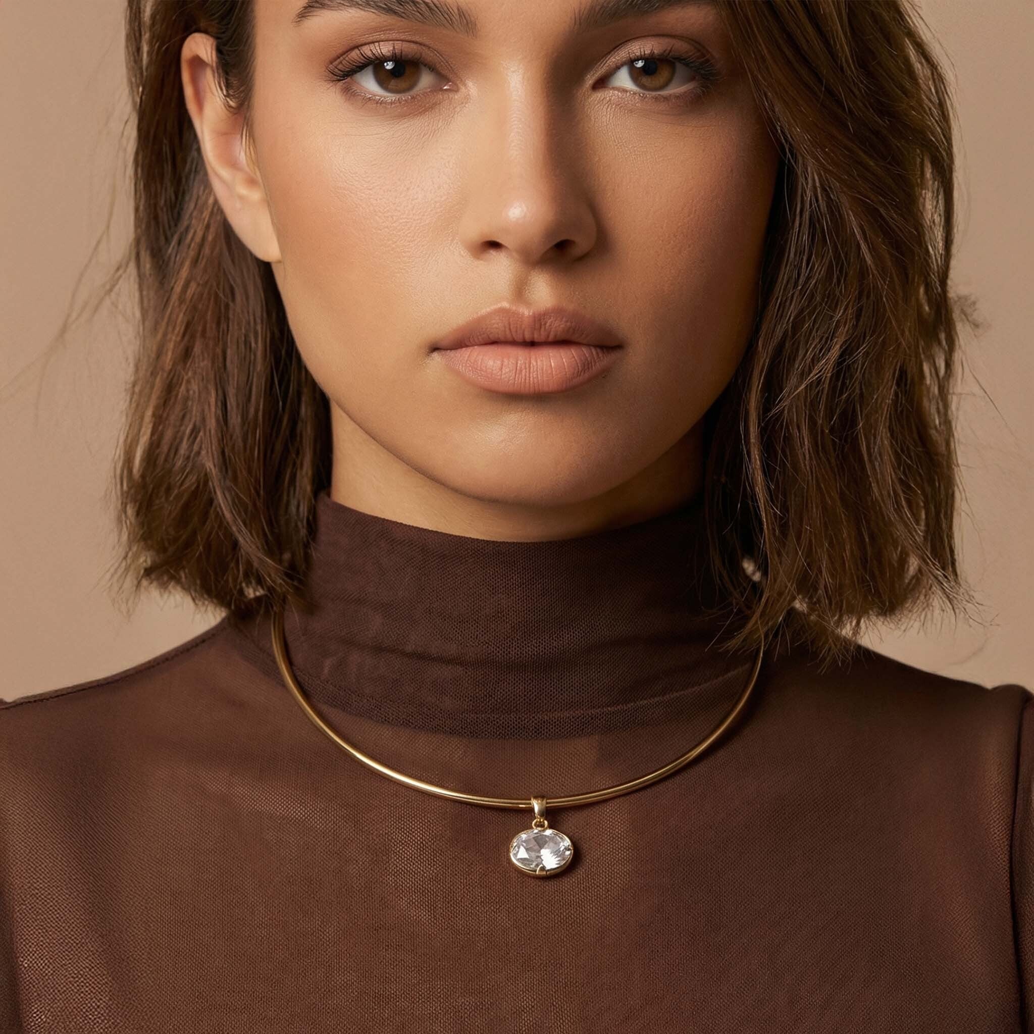 Designer gold choker necklace for women with oval stone pendant
Title: Designer Gold Pendant Choker Necklace