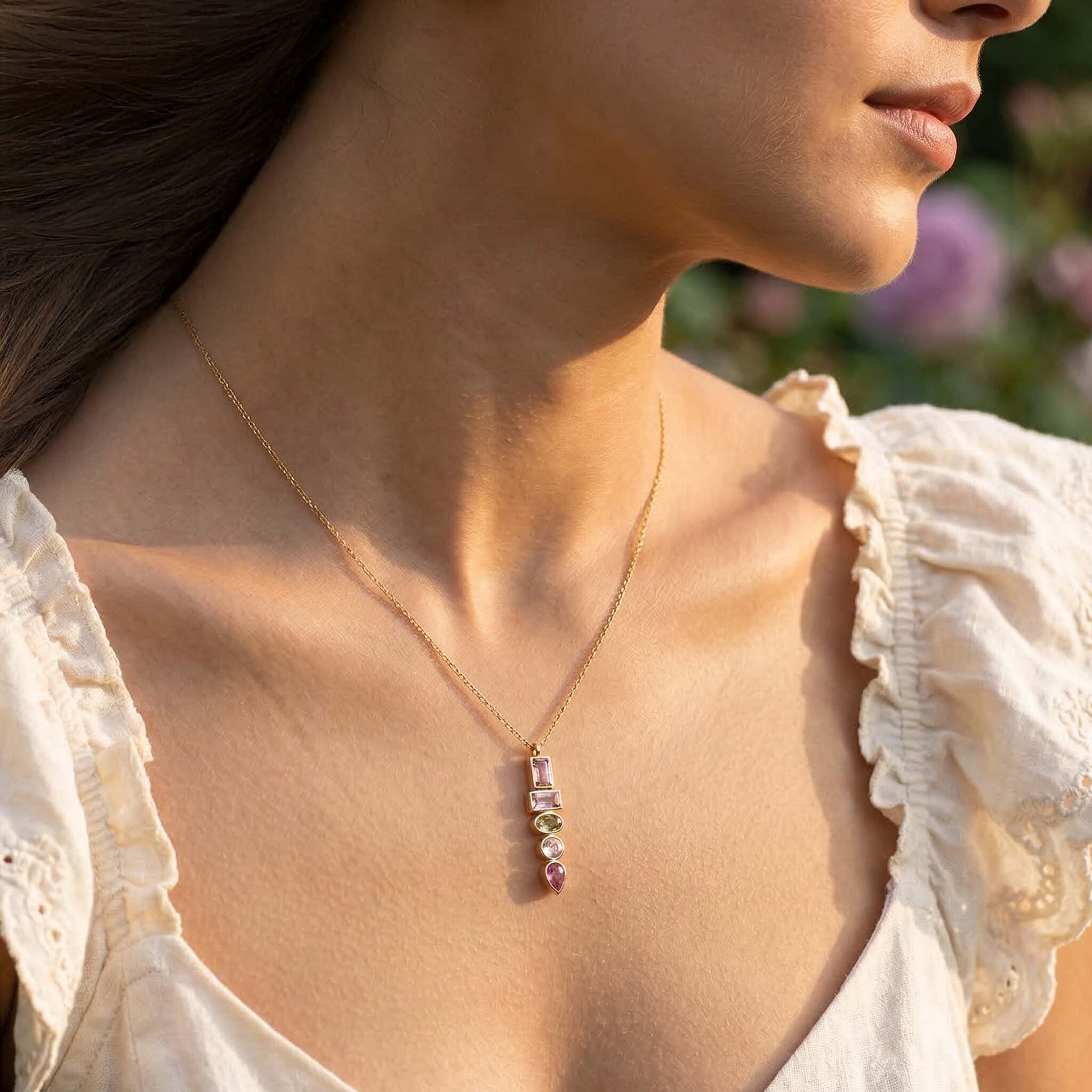 gold pendant necklace for women with pink gemstone drop elegant daily wear jewelry