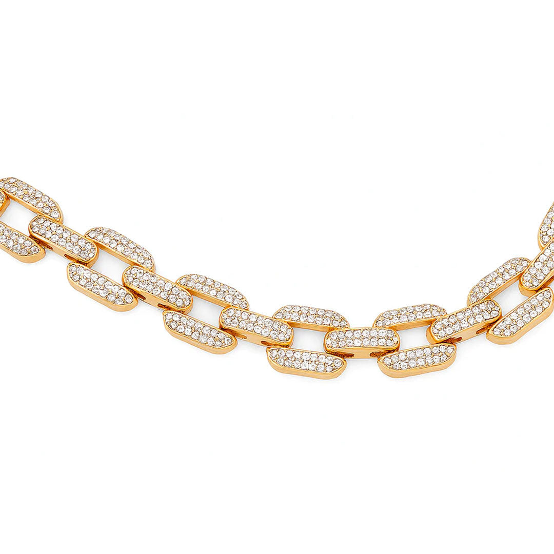 Gold chain necklaces for women with embedded crystals on a white background