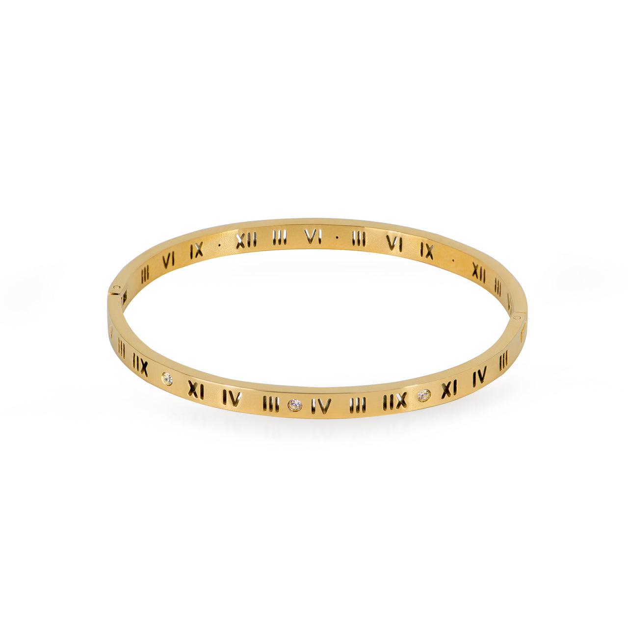 Gold bracelet with Roman numeral design on a white background