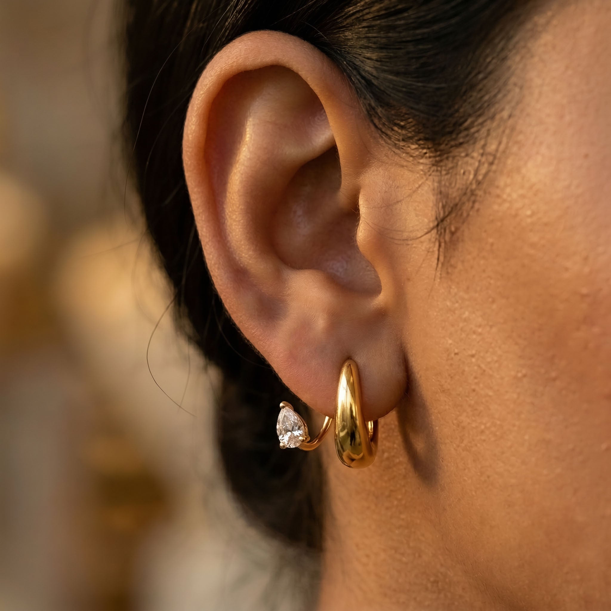 Gold hoop earrings for women with pear stone drop