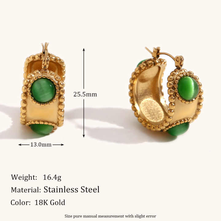 Gold hoop earrings with green stones and measurements on a white background