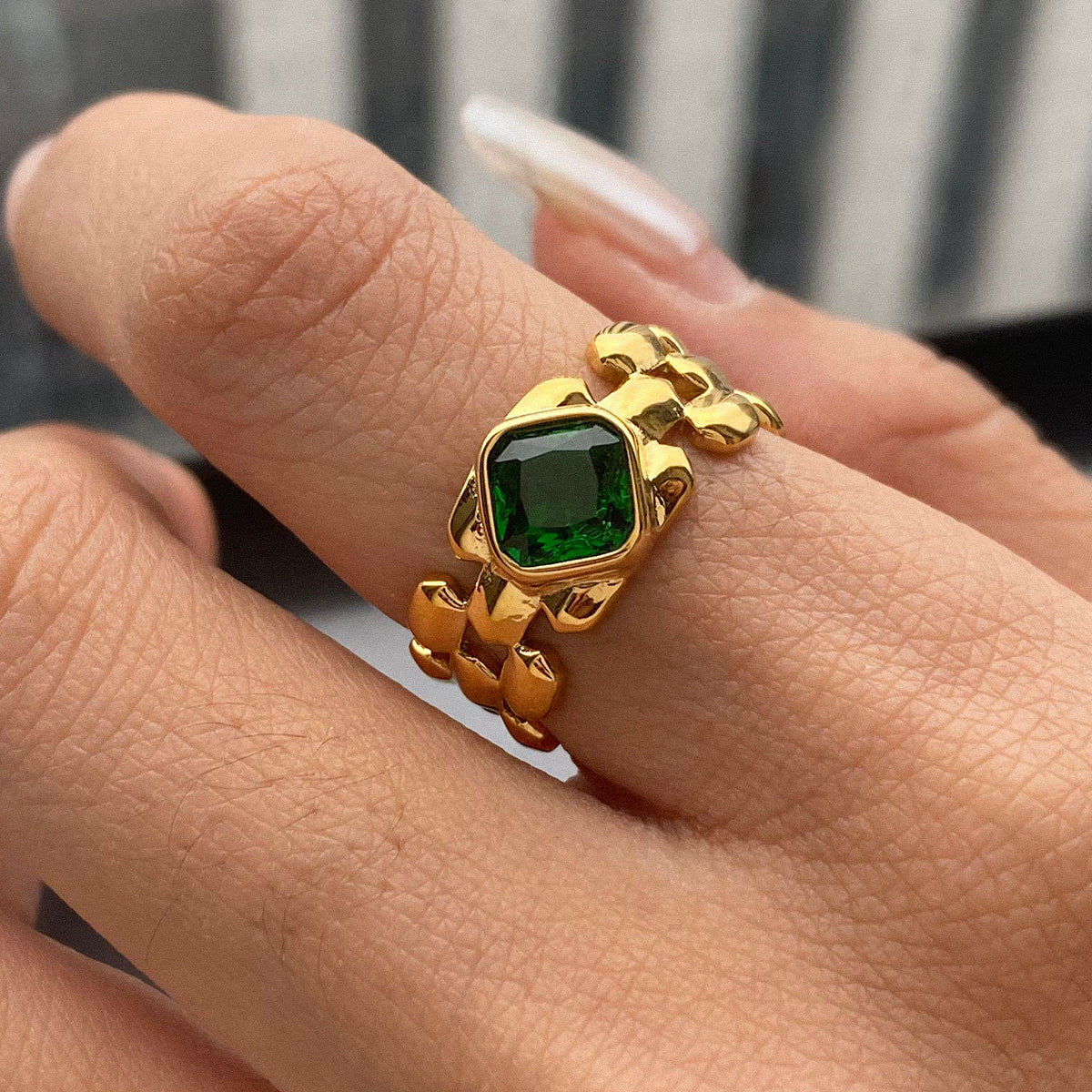 Gold Link Band Cushion Cut Ring