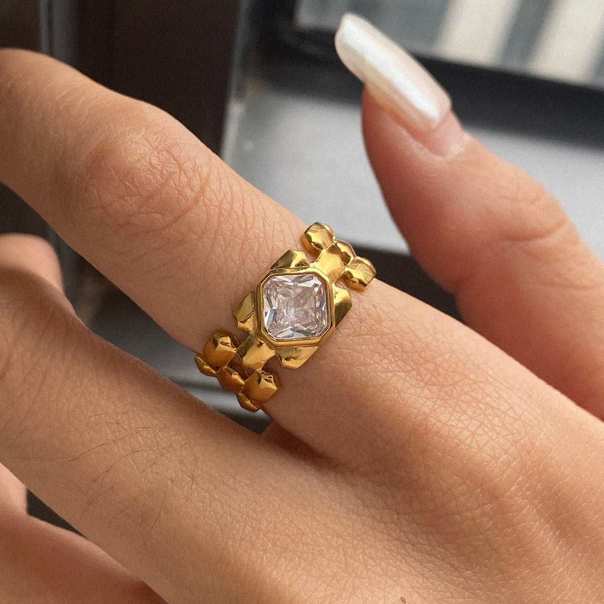 Gold Link Band Cushion Cut Ring