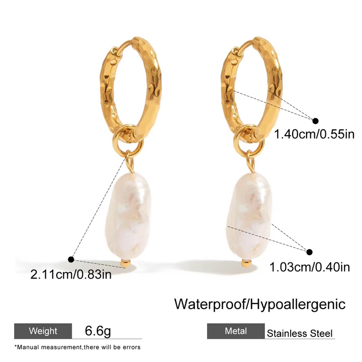 Gold hoop earrings with pearl drops, showing measurements and material details on a white background.