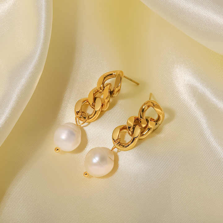 Clara Gold Pearl Chain Drop Earrings