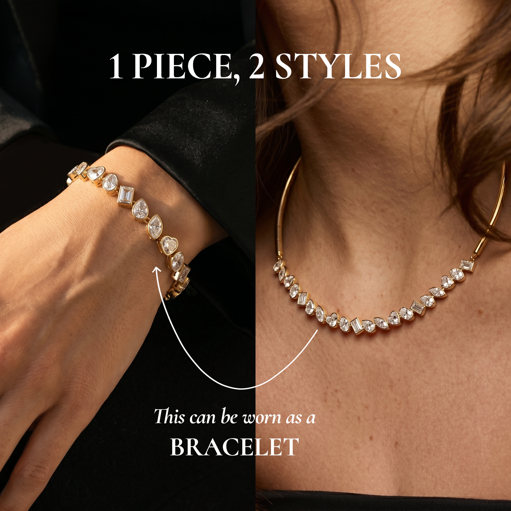 Jewelry set with bracelet and necklace labeled '1 Piece, 2 Styles' on a person wearing it.