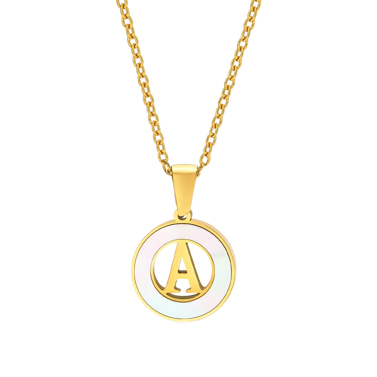 Gold necklace with a circular pendant featuring the letter 'A'