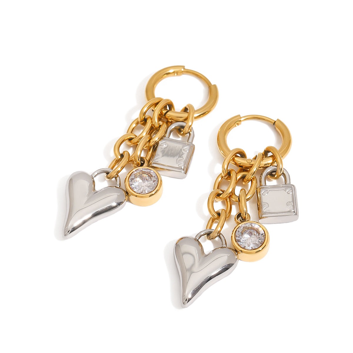 Gold and silver heart and lock charms Earrings