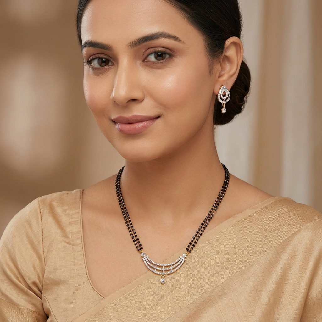 Woman wearing a necklace and earrings with a blurred background