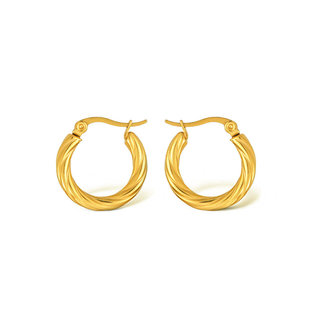 Pair of gold hoop earrings on a white background