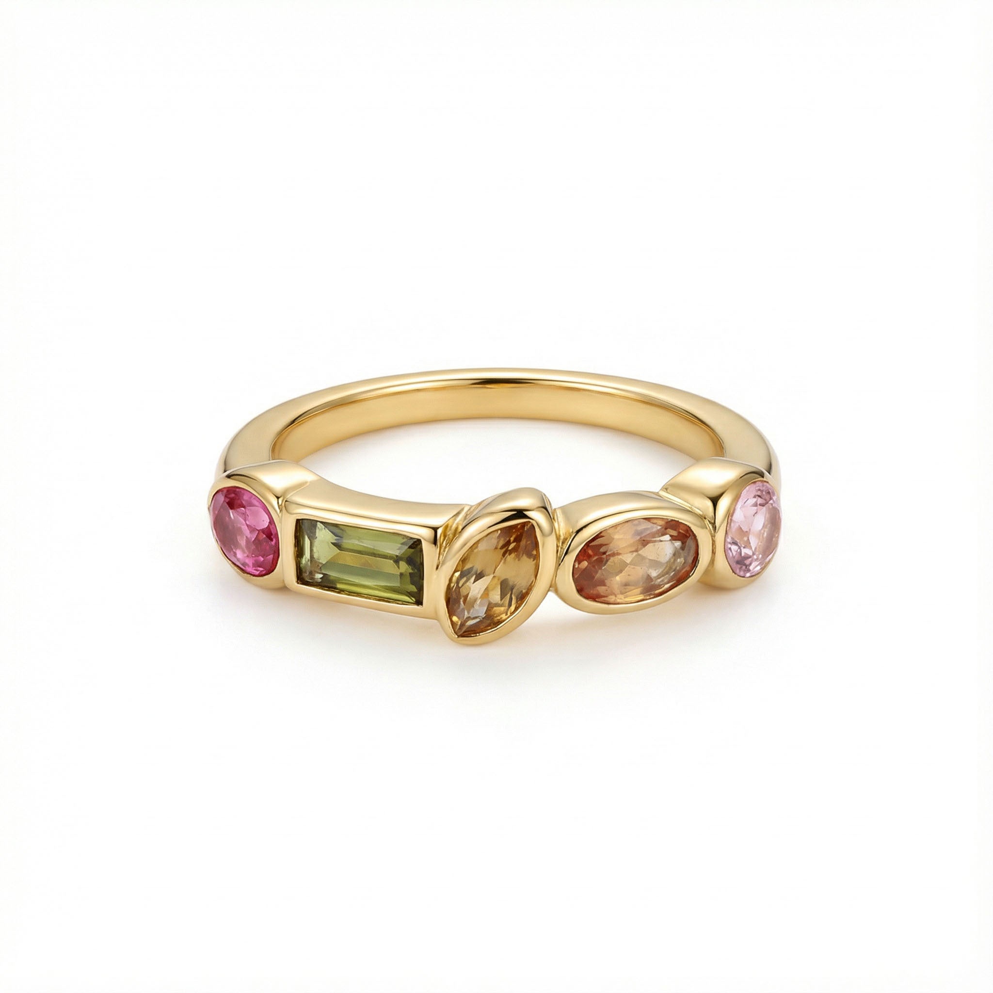Gold ring with colorful gemstones on a white background