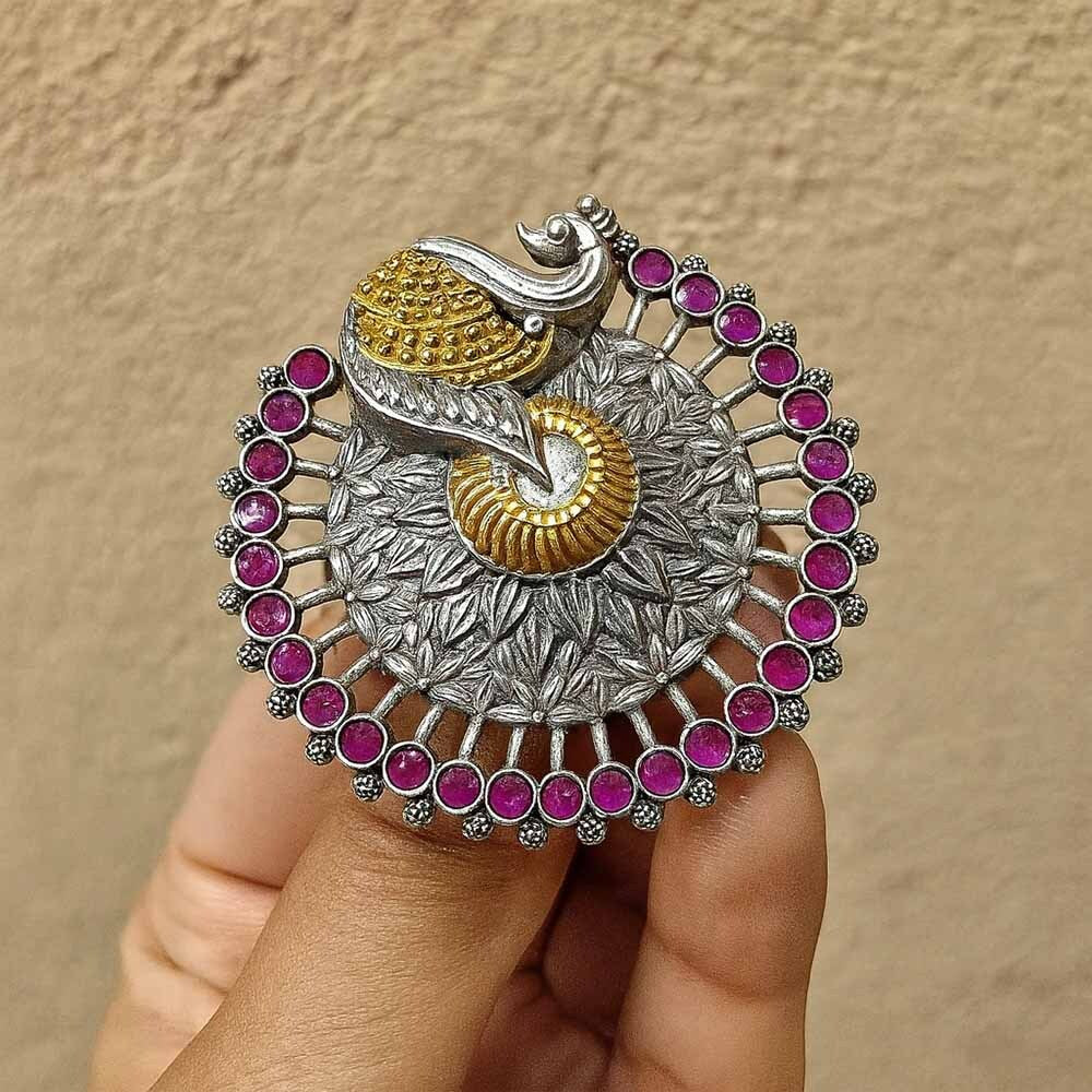 oxidised peacock ring with pink stones traditional statement jewellery for women