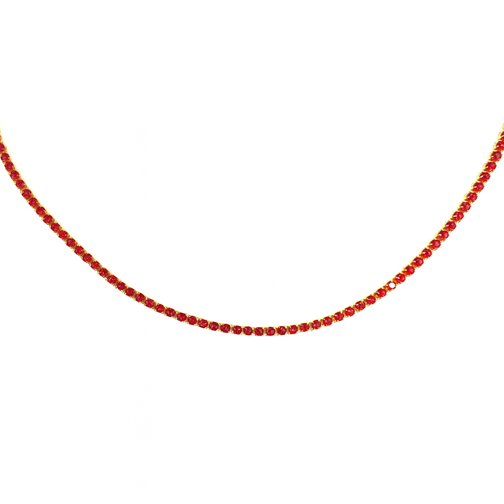 Red beaded necklace on a white background