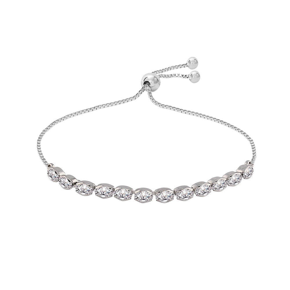 Silver bracelet with clear stones on a white background
