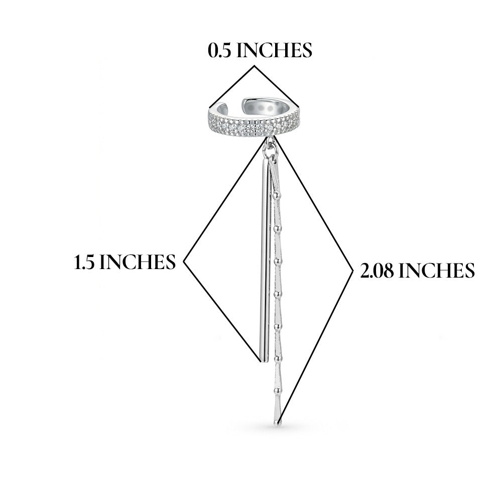 Measurement chart of a silver earring and hair accessory with labeled dimensions on a white background.