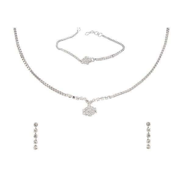 Silver necklace with pendant and earrings on a white background