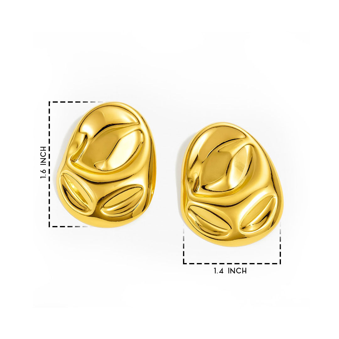 Gold earrings for women with dimensions on a white background