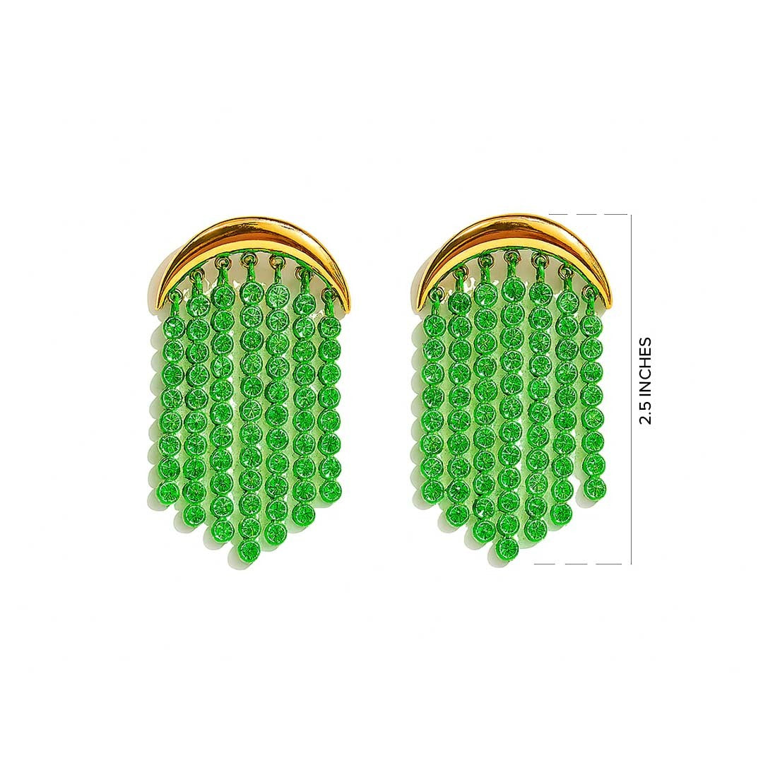 Green beaded earrings with gold tops on a white background