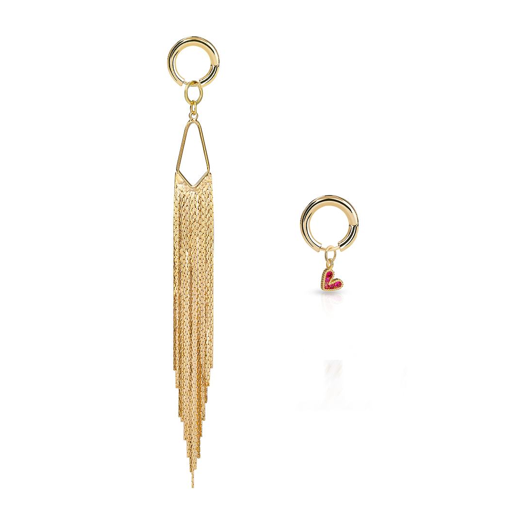 Gold tassel earrings for women and small gold hoop earring with red heart on a white background
