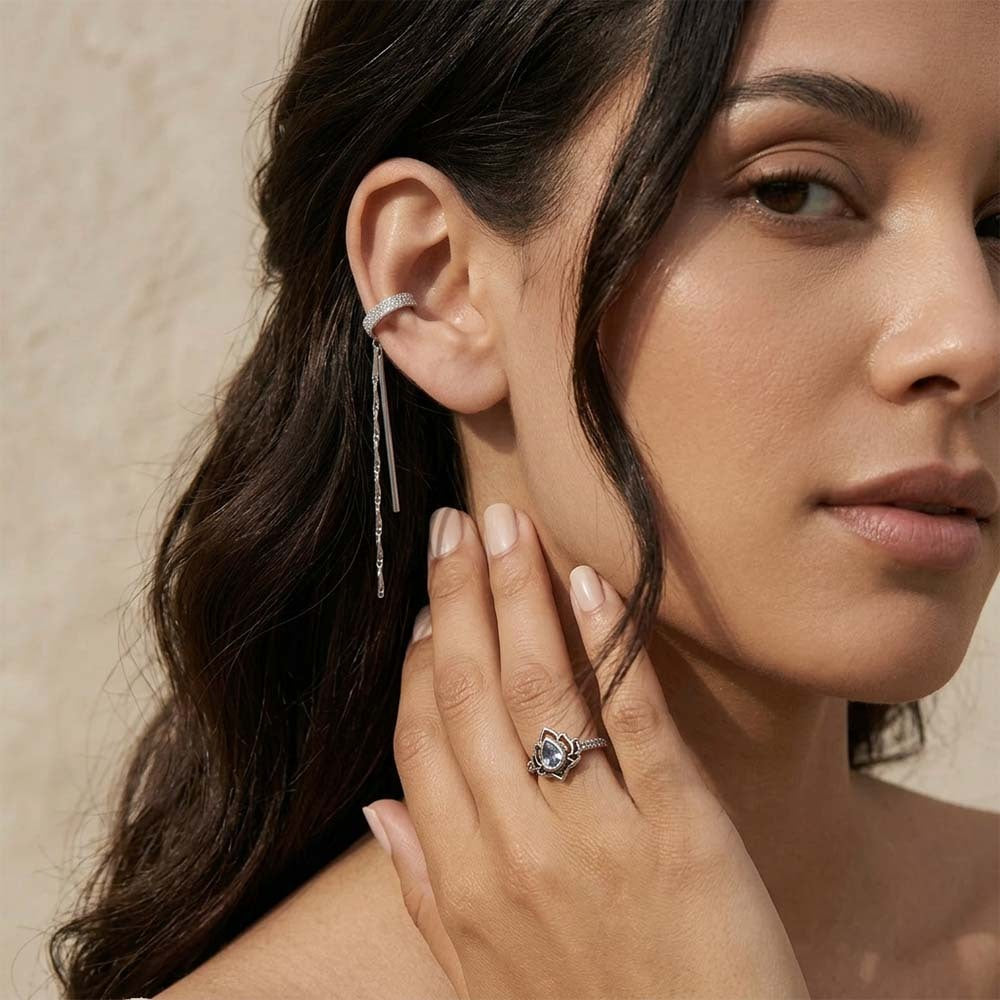stylish silver ear cuff earrings for women long chain drop statement jewelry look