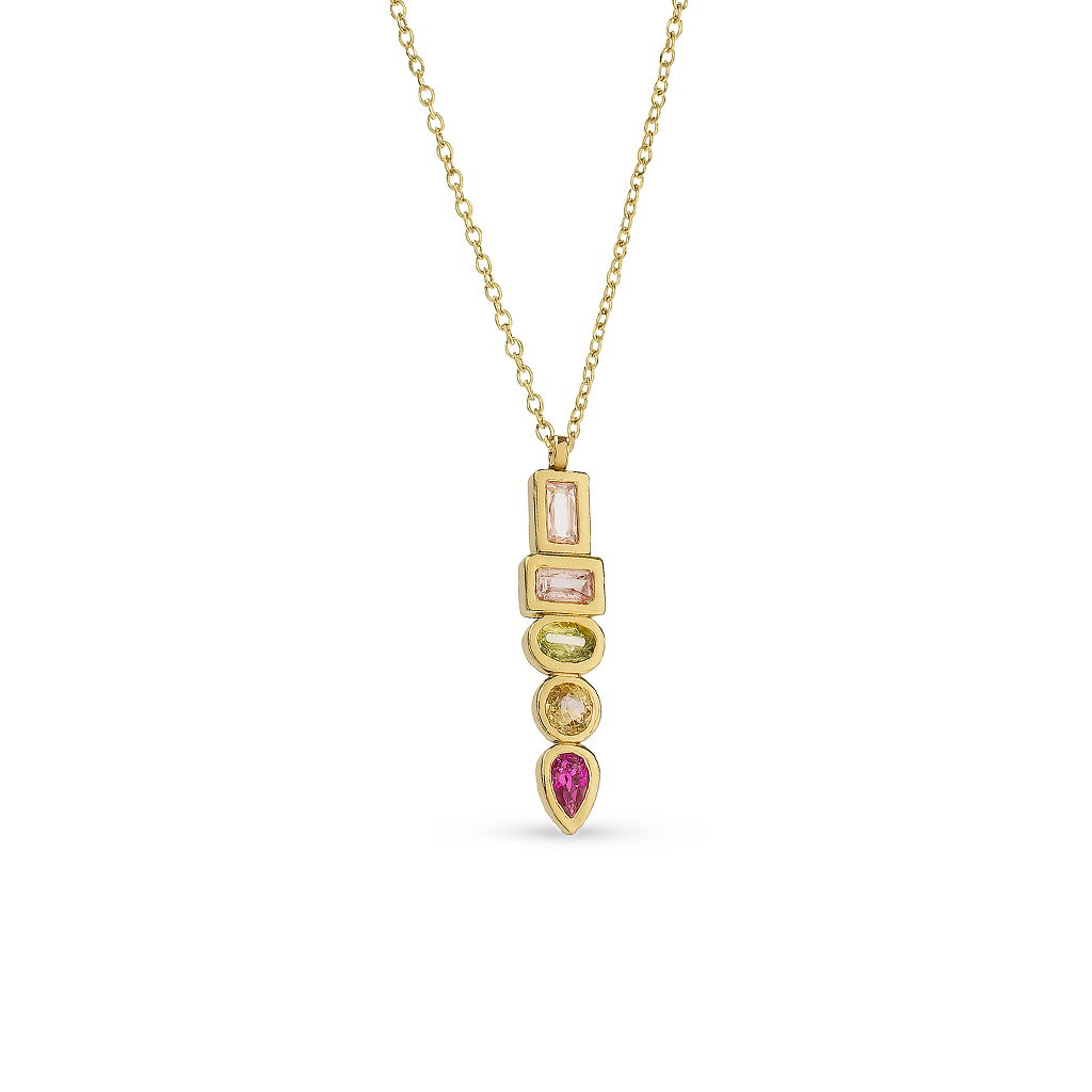 Gold pendant necklace with pink and white gemstones