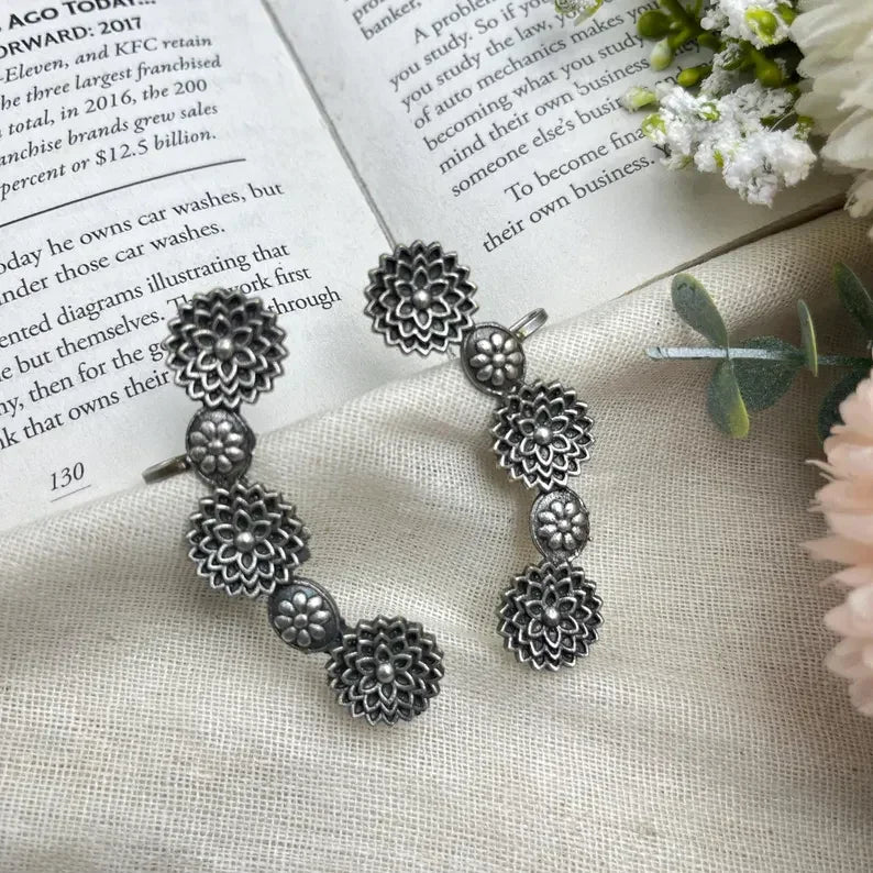 Silver floral earrings for women on a textured surface with flowers and text in the background