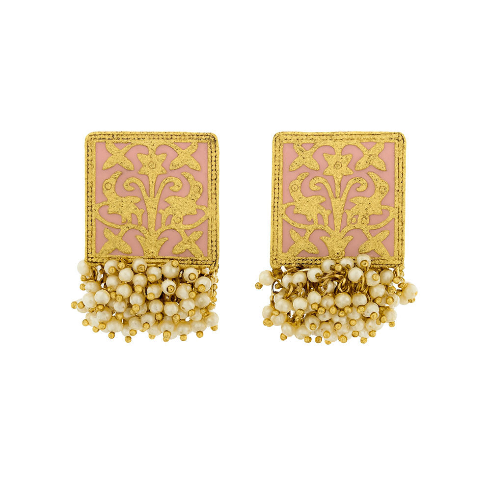 Pair of gold and pink earrings with pearl-like beads on a white background