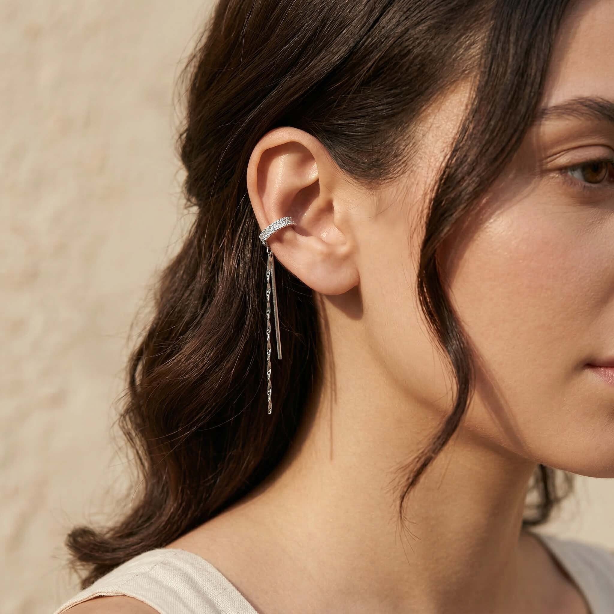 trendy silver tassel earrings for women with ear climber design cocktail party style
