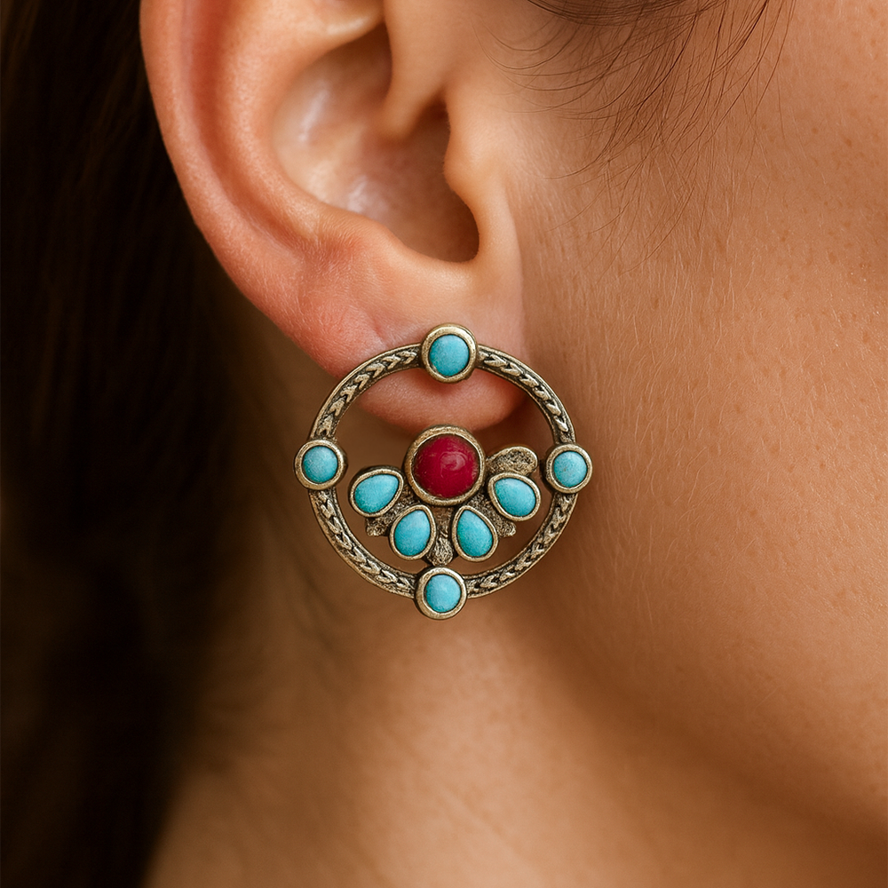 Vintage Boho Turquoise Red Stone Earrings