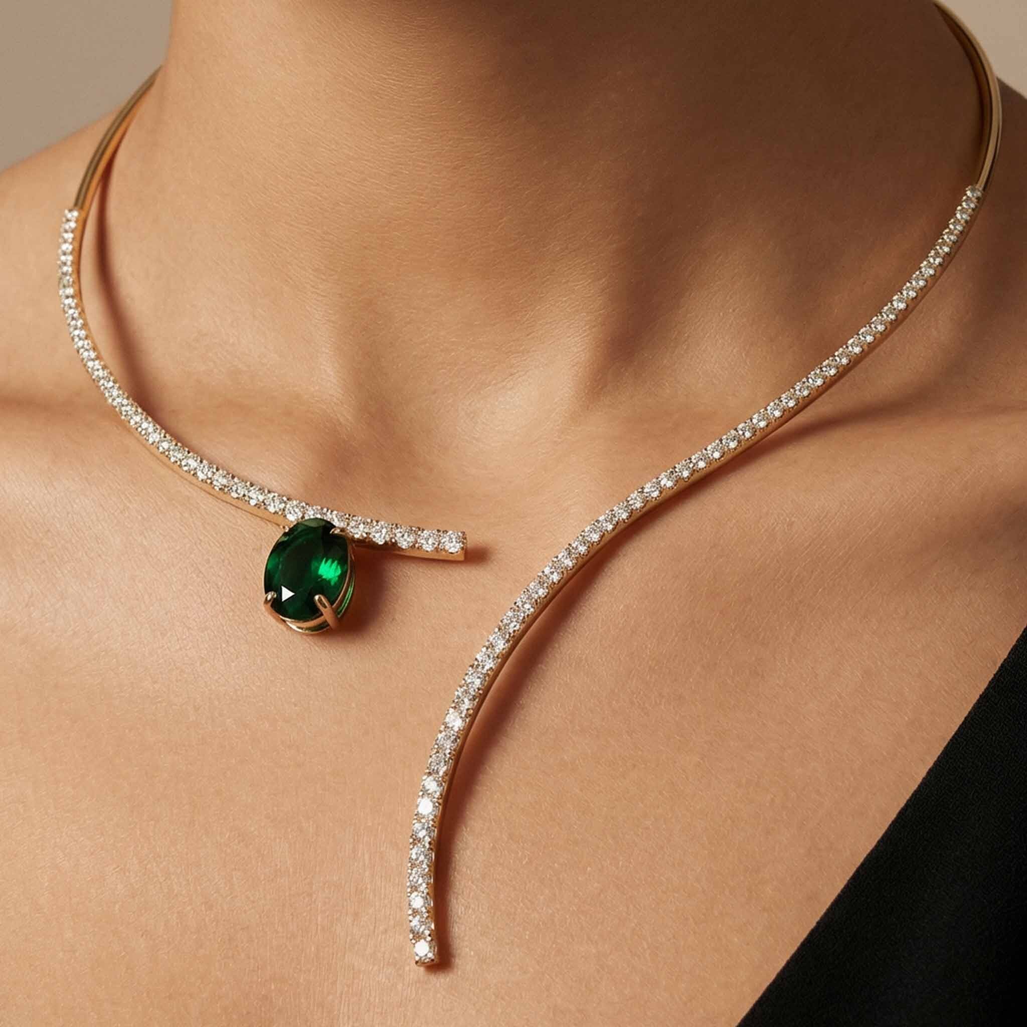 Necklace with a green gemstone and diamonds on a person's neck