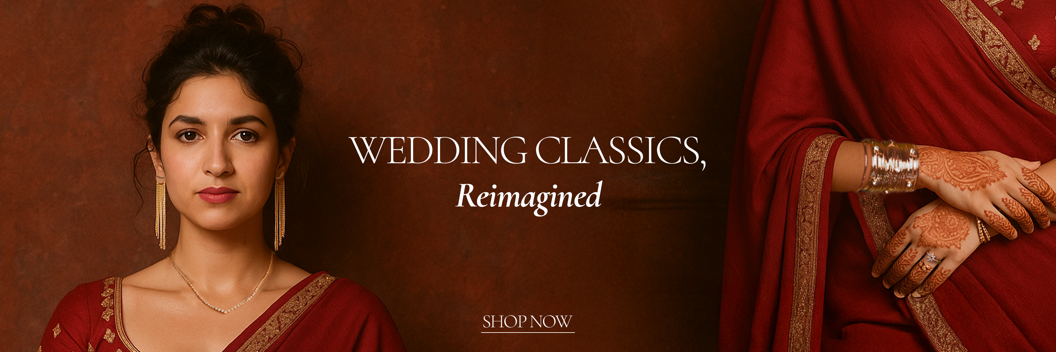 Woman in a red saree with text 'Wedding Classics, Reimagined' on a brown background