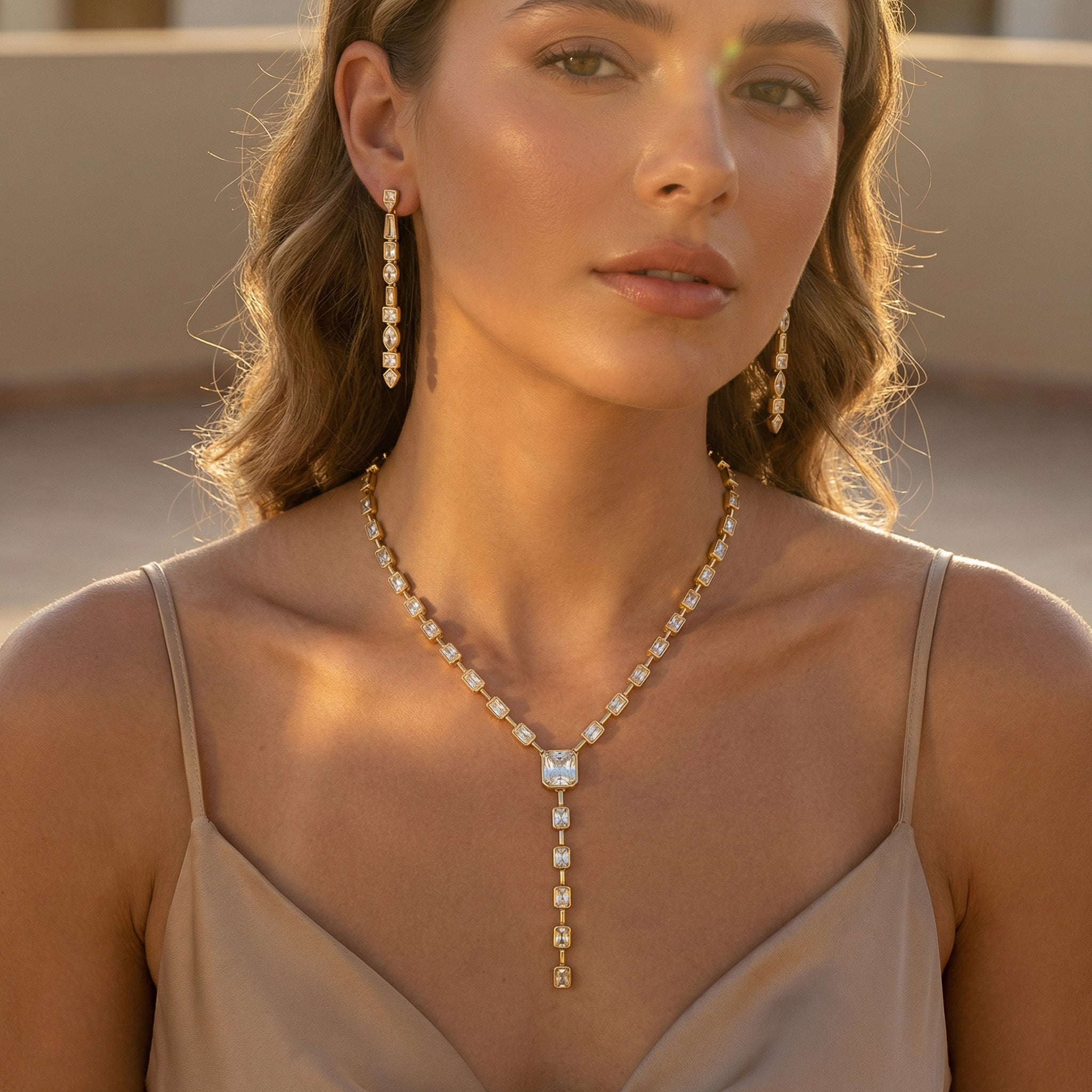 Woman wearing a necklace and earrings with a neutral background