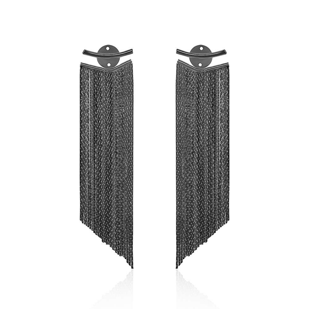 Pair of black fringe earrings for women on a white background