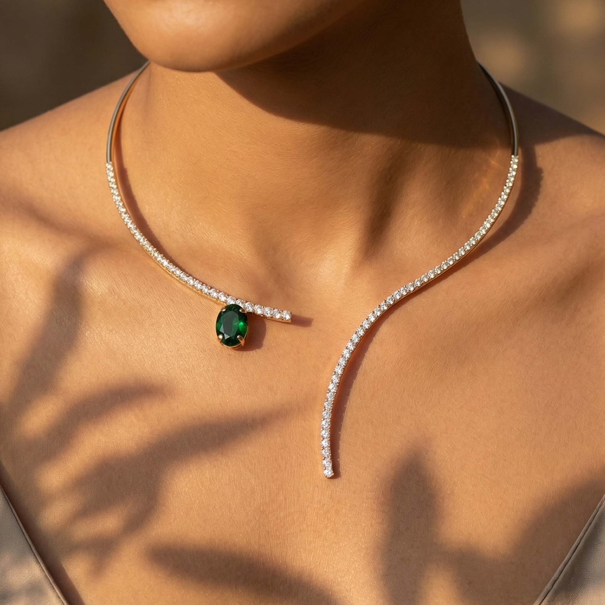 dainty gold necklace for women with green gemstone drop office wear jewelry